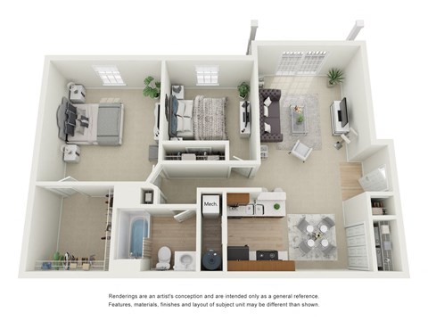 Floor plan for 2 beds, 1 bath, 933 sqft